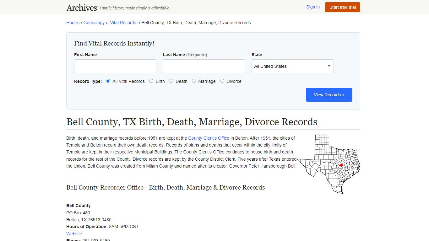 Bell County, TX Birth, Death, Marriage, Divorce Records